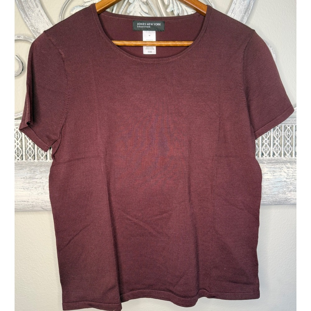 Jones New York Collection Burgundy Silk Blend Short Sleeve Knit Sweater Top M